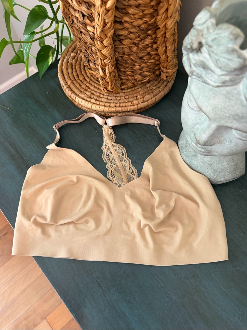 True & Co True Body Triangle lace Racerback bralette, nude/beige color, seamless